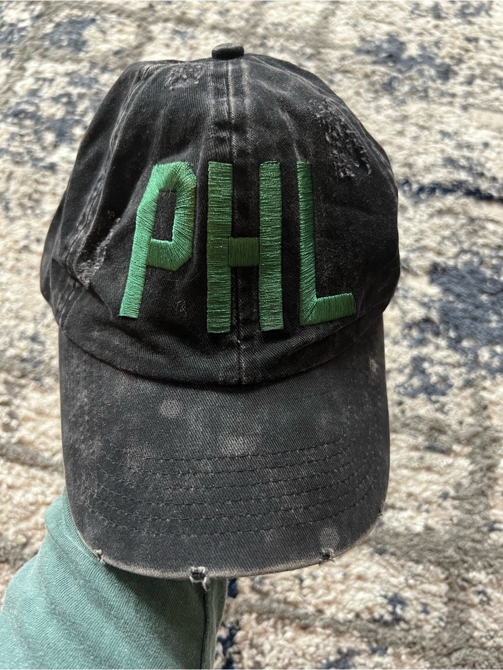PHL Embroidered Black Baseball Hat with Green Letters